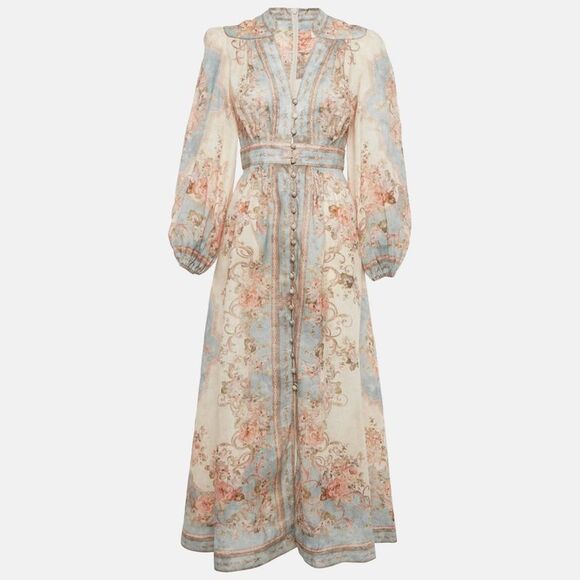 Zimmermann Dresses & Skirts - Zimmermann Beige /blue Printed Linen Plunge August Midi Dress M